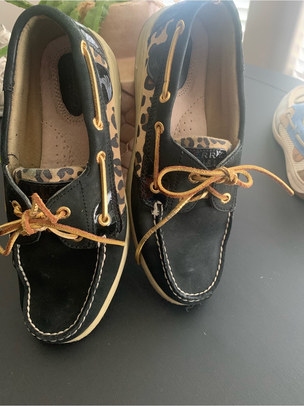Skechers Women's Black Moccasin-Style Boat Shoes with Leopard Trim